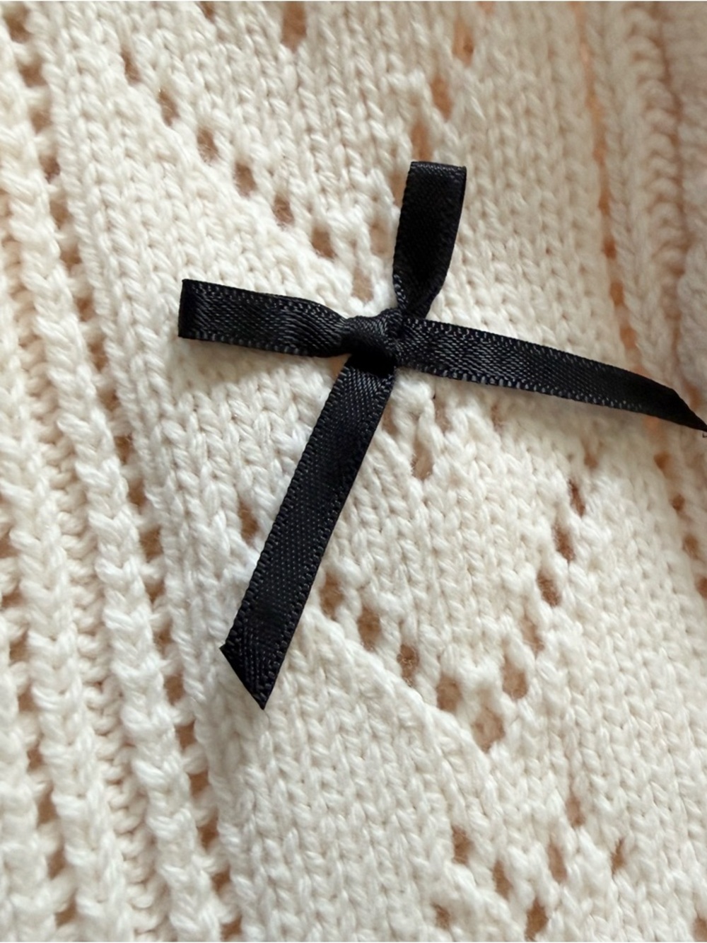 Altar’d State Bow Cardigan Womens XL Ivory Black Cropped Coquette Pointelle Knit - Picture 7 of 8